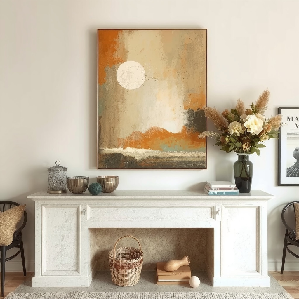 Abstract art above mantel as focal point