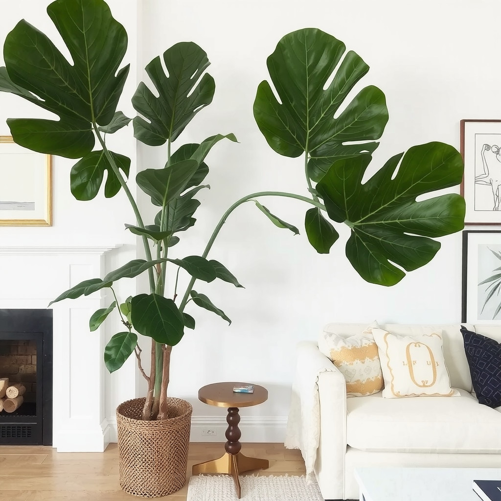 Tall potted plant beside sofa bringing life to the room