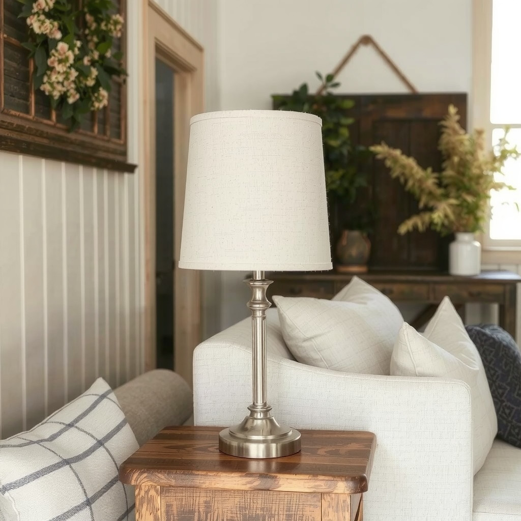 Lamp with linen shade and metal base