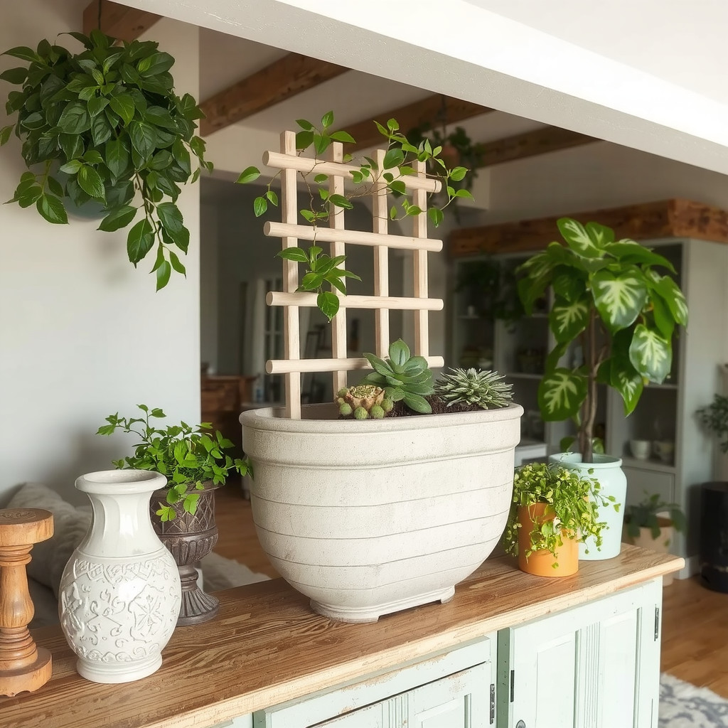 Self-watering planter with a trellis