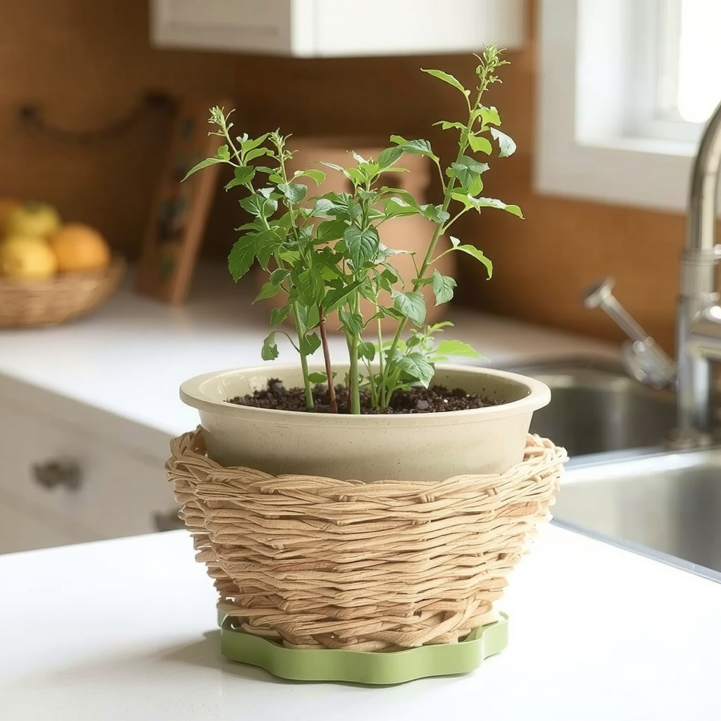 Self-watering pot in woven basket