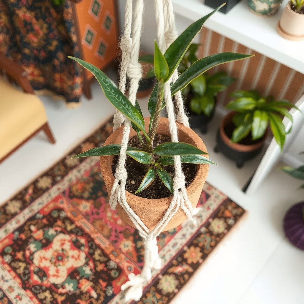 Terracotta pot with a snake plant on a macrame hanger