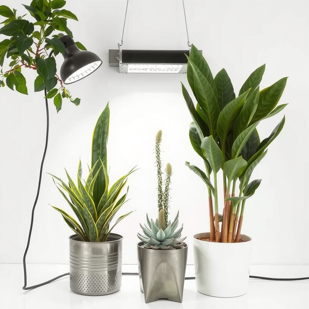 Grow lights shining on a group of low maintenance plants