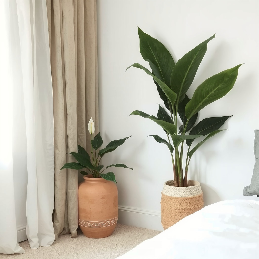 Peace lily in a corner of the bedroom