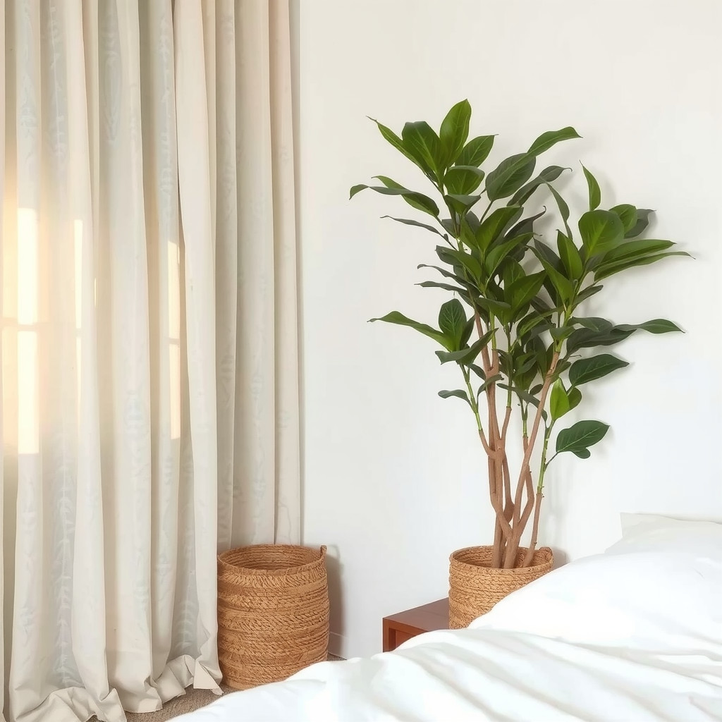 A bedroom with a sheer curtain and a low-maintenance plant