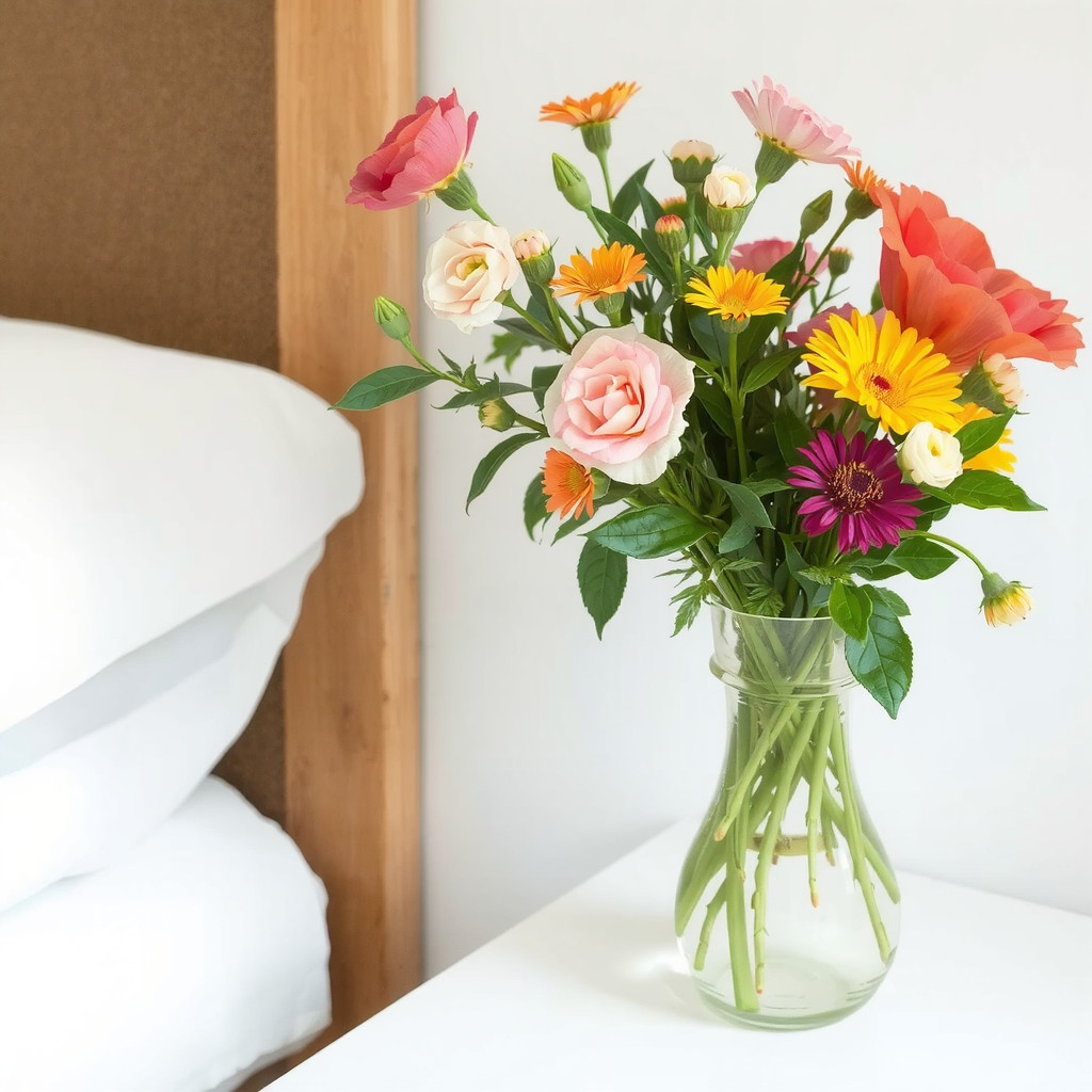 Vase with fresh flowers on a bedside table