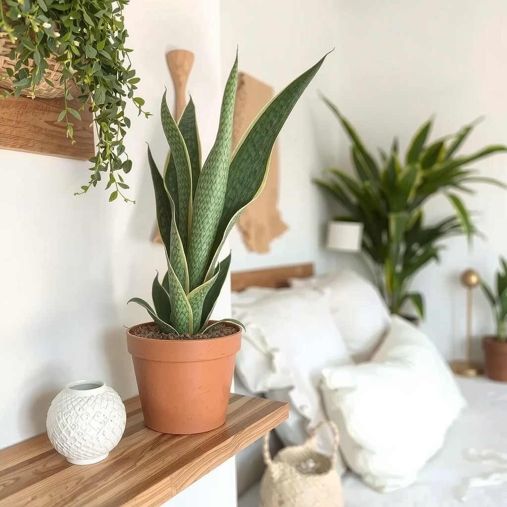 Snake plant on a wooden shelf