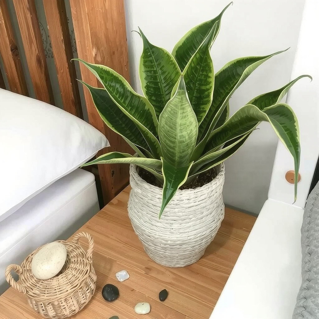 Snake Plant on a wooden nightstand