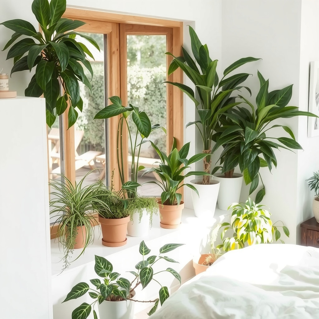 Bedroom with plants in bright indirect light