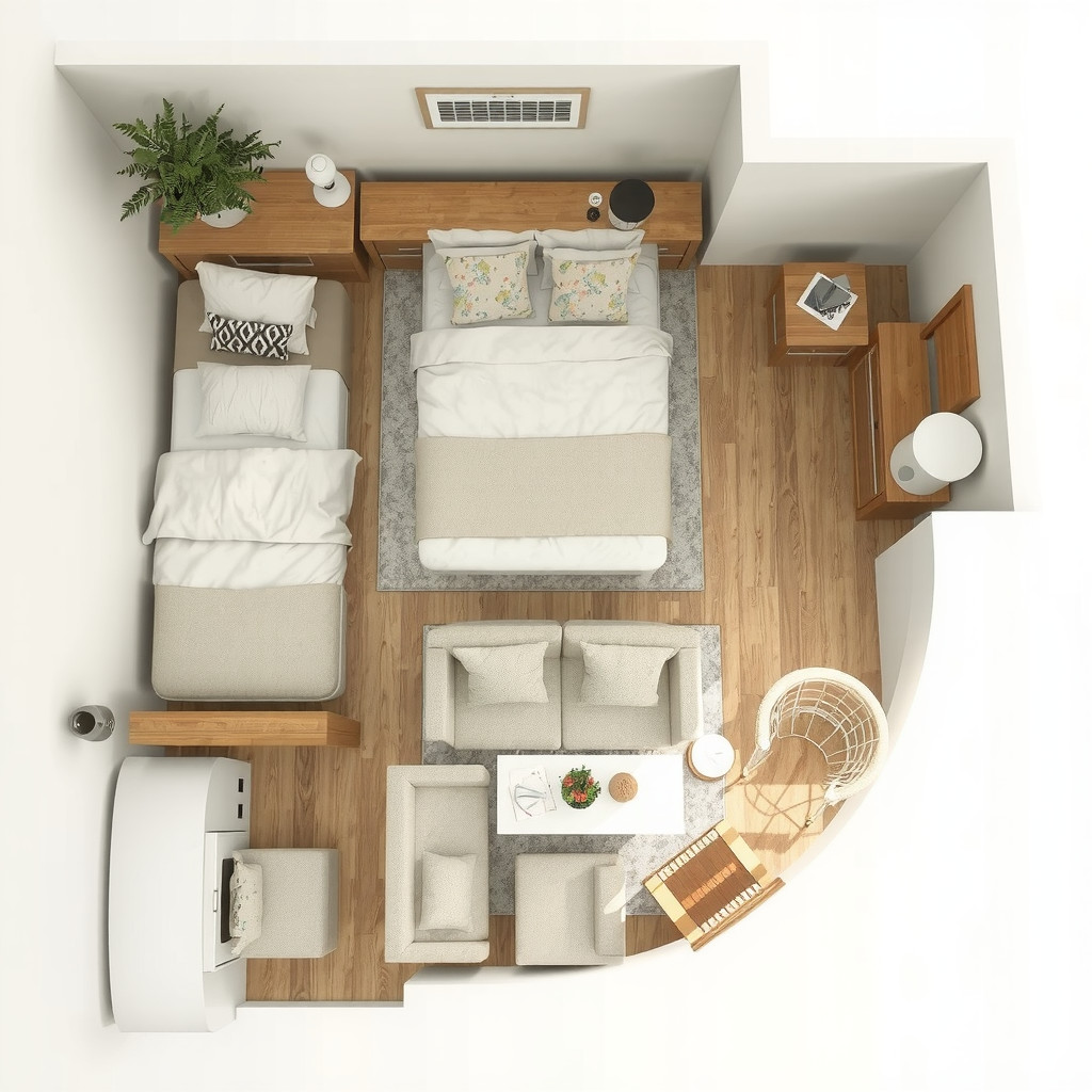 Top-down view of zoned studio apartment