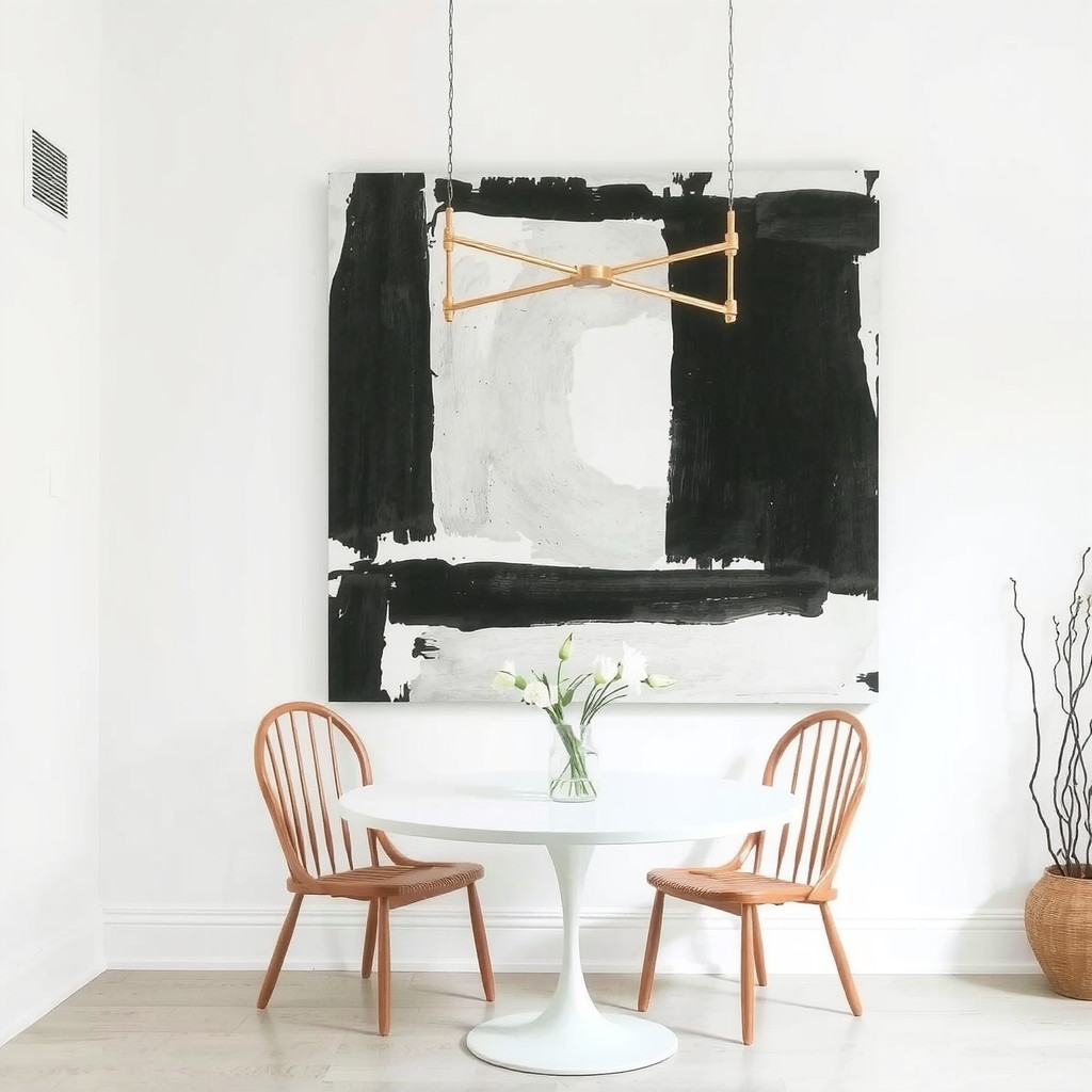 Minimalist dining nook with statement art