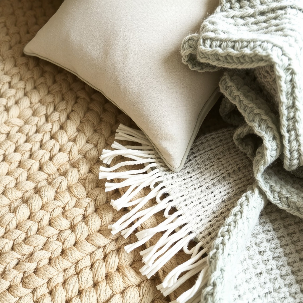 Close up of textured linen cushions and jute rug
