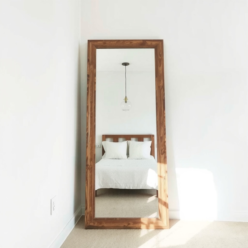 Bedroom with large leaning mirror