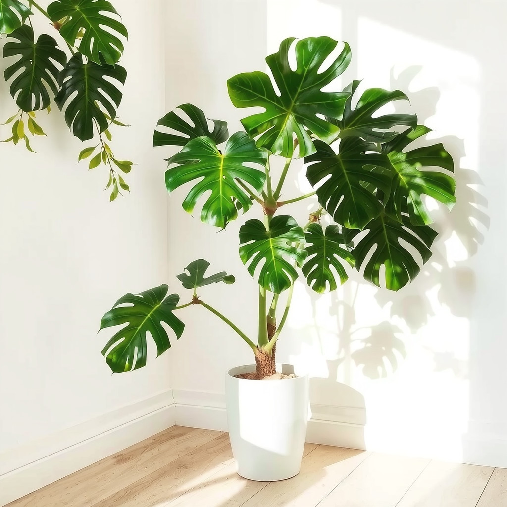 Bright room with large potted Monstera