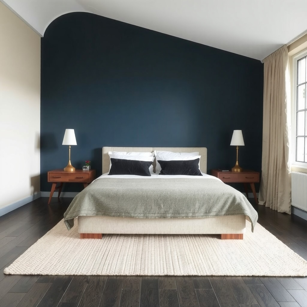 Symmetrical bedroom layout featuring a navy blue wall and walnut nightstands