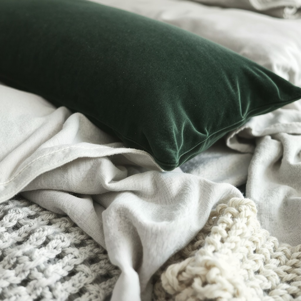 Close up of textured bedding including linen and a chunky knit throw
