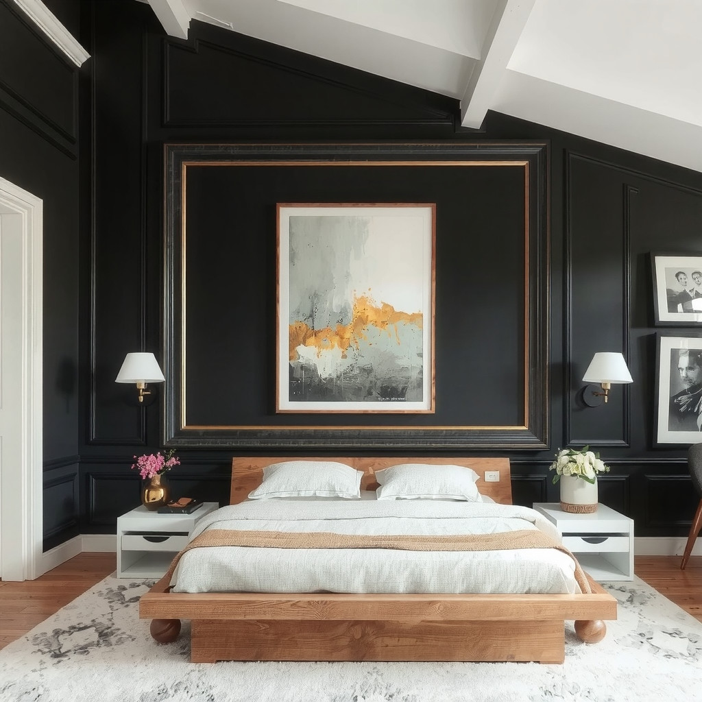 A dramatic black bedroom wall with picture frame molding and art