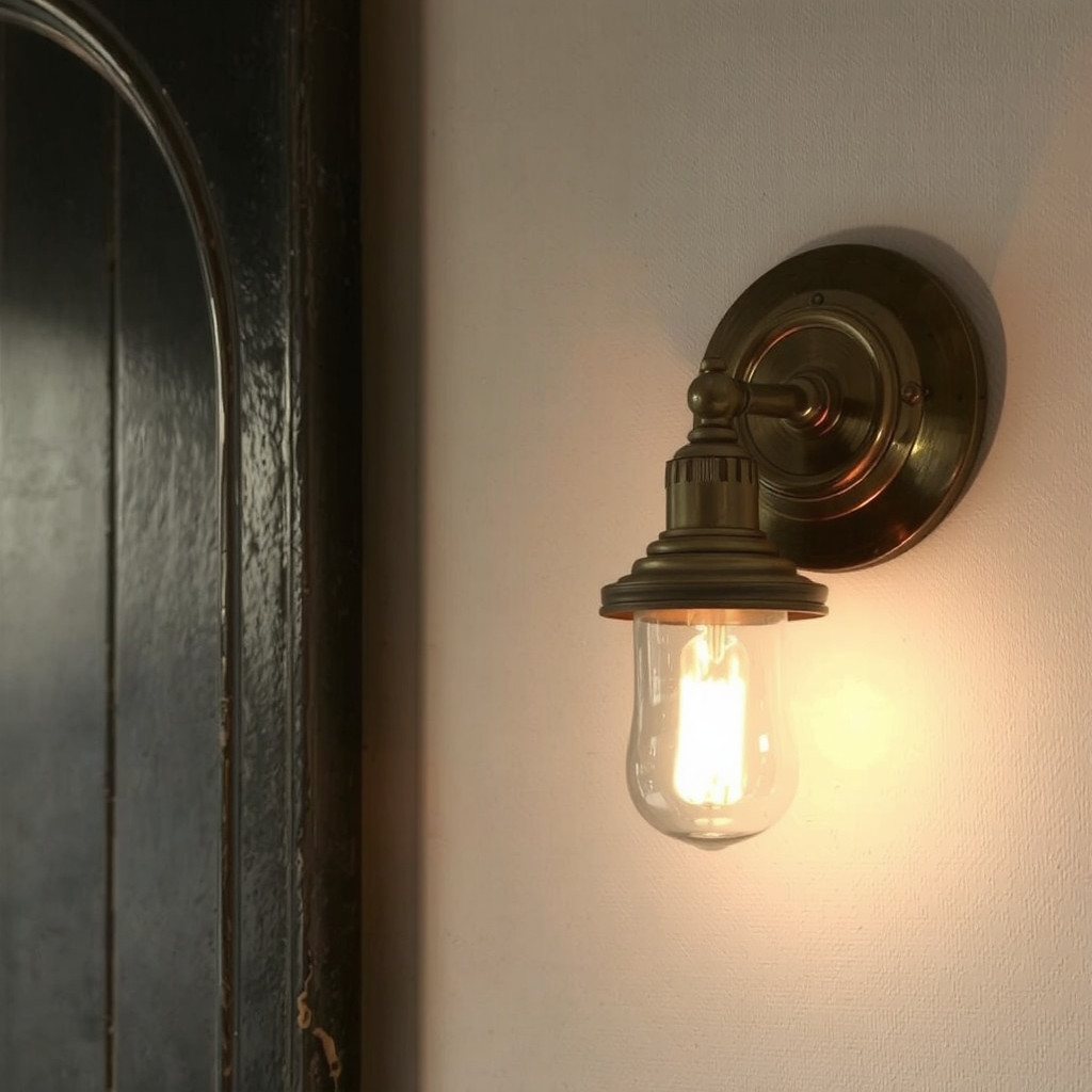 Warm brass wall sconces illuminating a dark textured wall