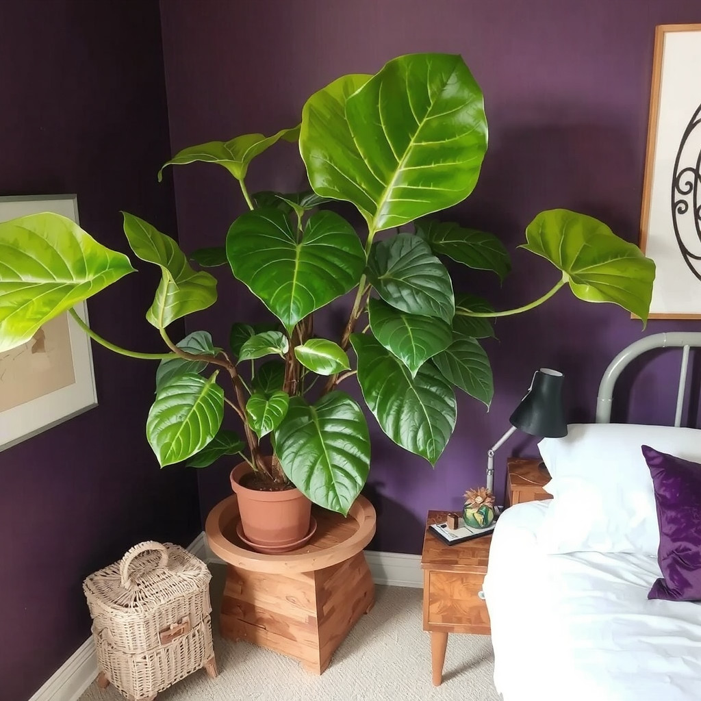 A large fiddle leaf fig plant standing in the corner of a dark room