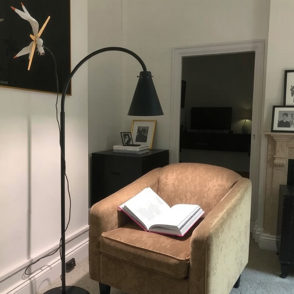 An intimate reading corner in a contemporary home with a matte black arc floor lamp positioned over a velvet armchair