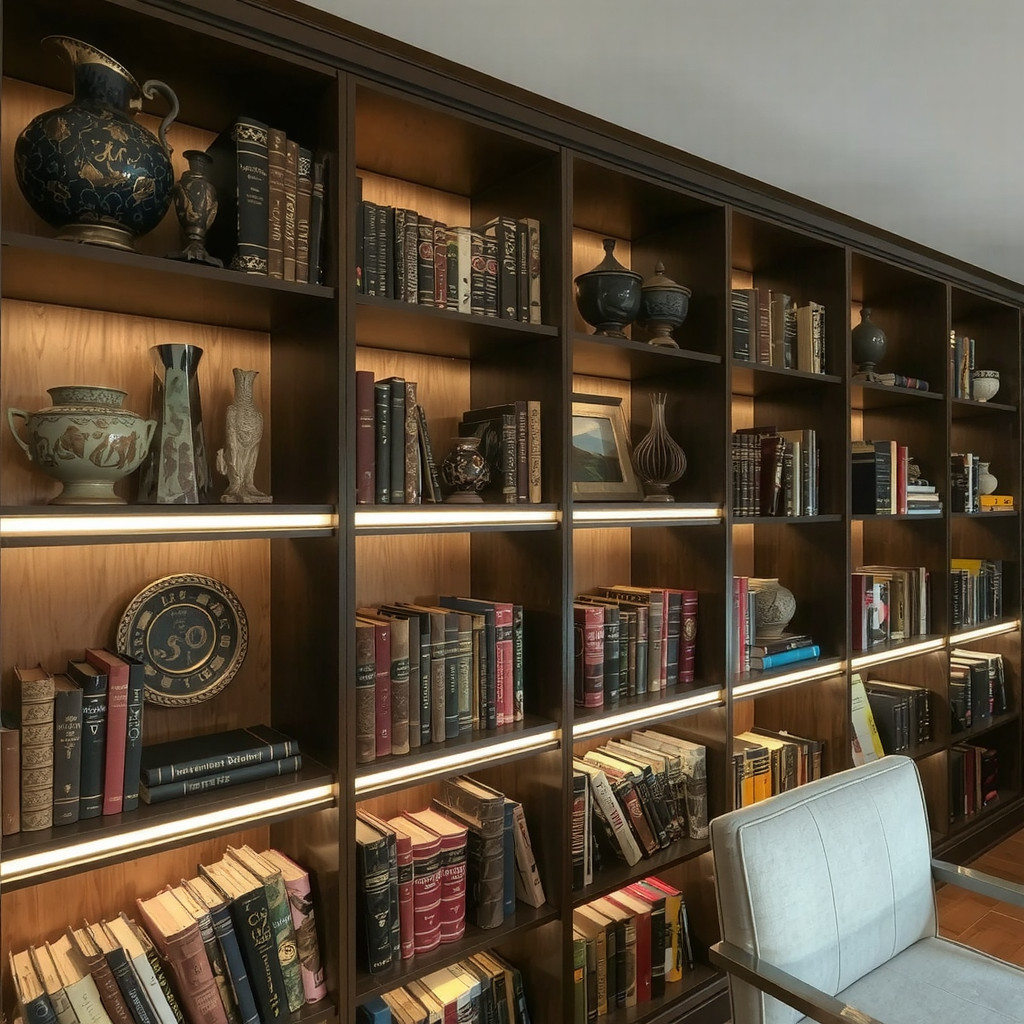 A curated bookshelf wall featuring integrated warm LED strip lighting under each shelf highlighting decorative ceramics