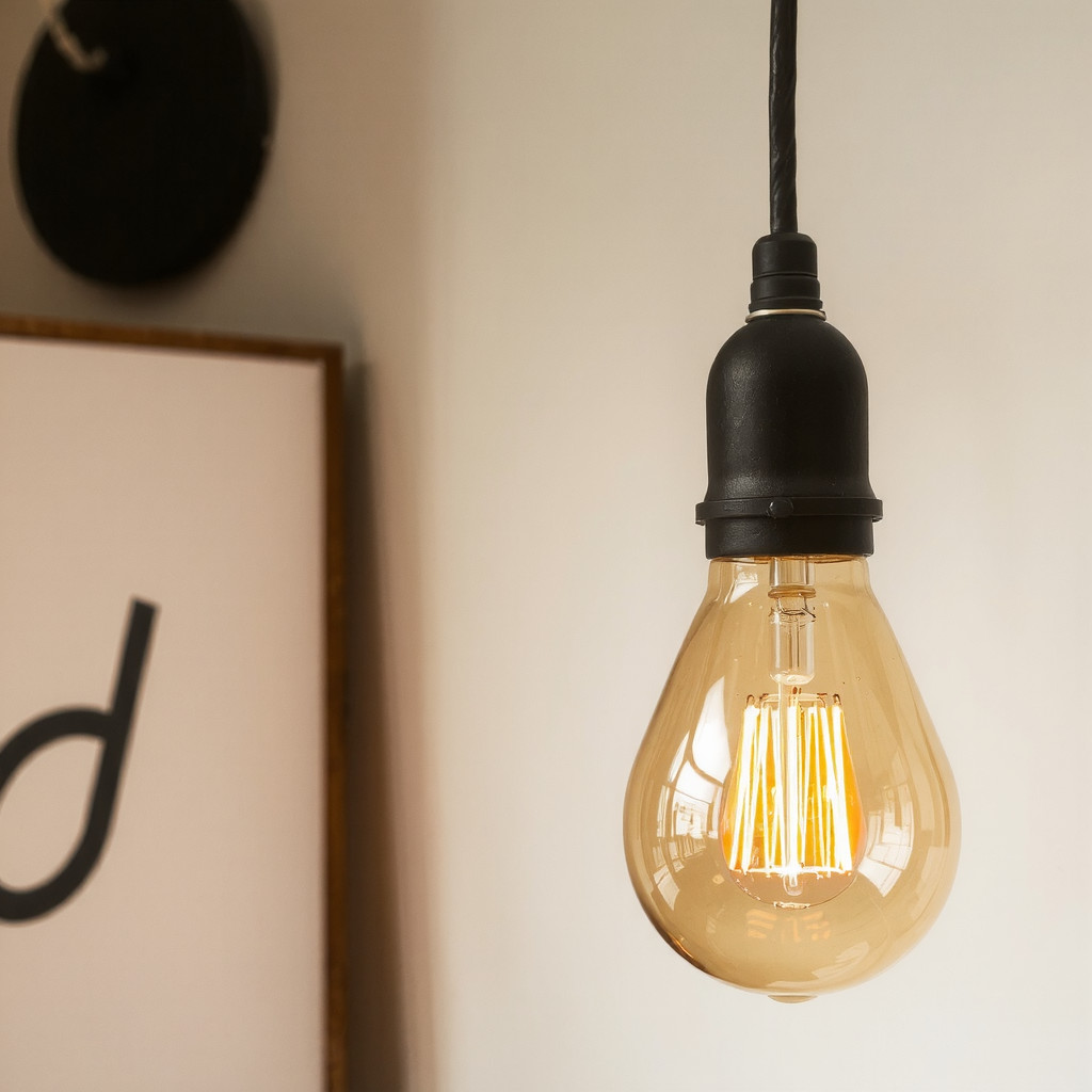 A cozy interior vignette focusing on the quality of light featuring an exposed filament bulb in a glass pendant