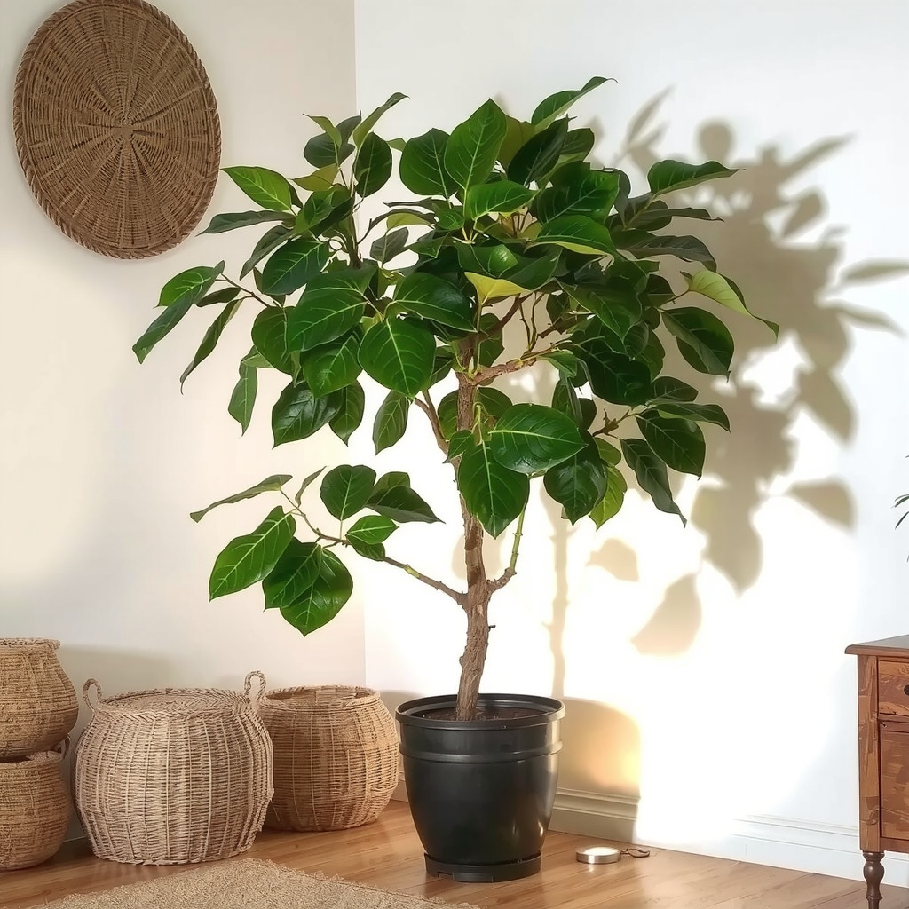 A large potted fiddle leaf fig tree in a living room corner illuminated by a small uplight on the floor