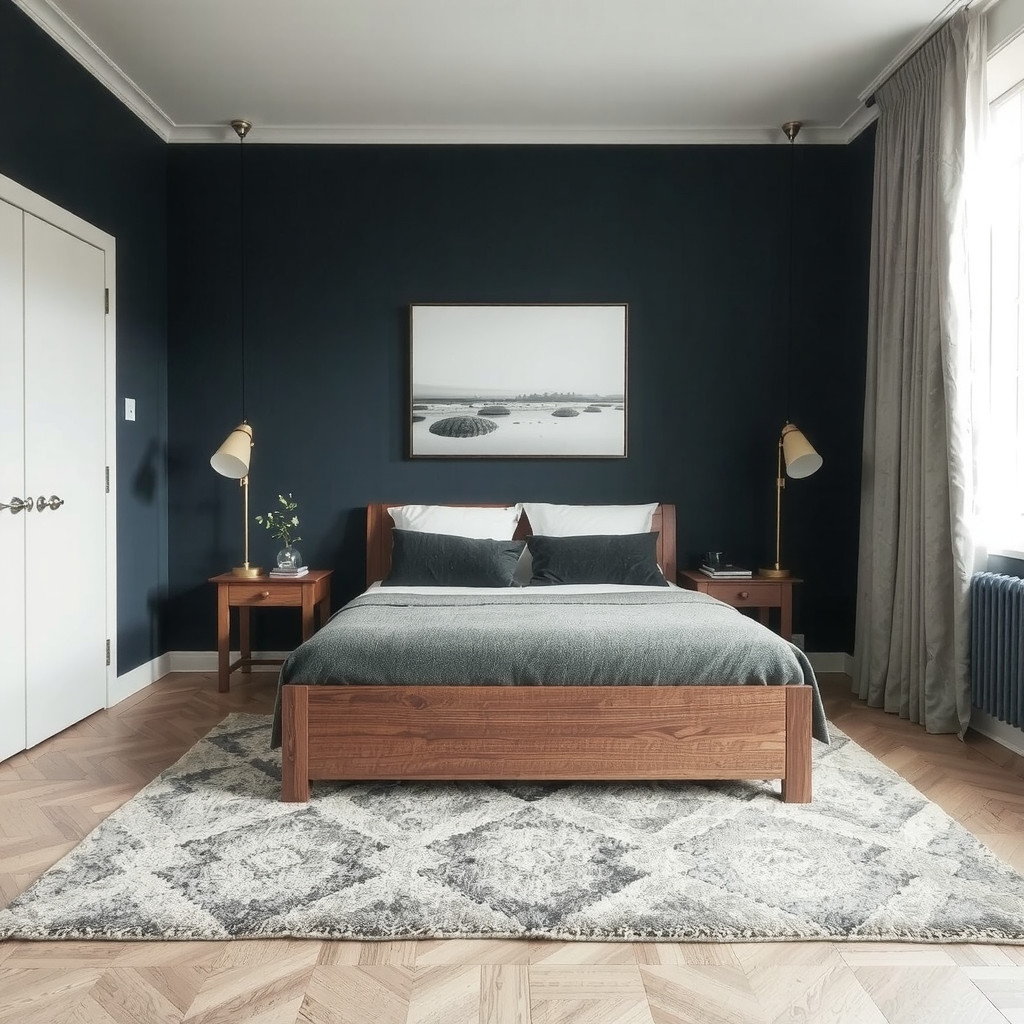 Symmetrical bedroom layout with dark walls