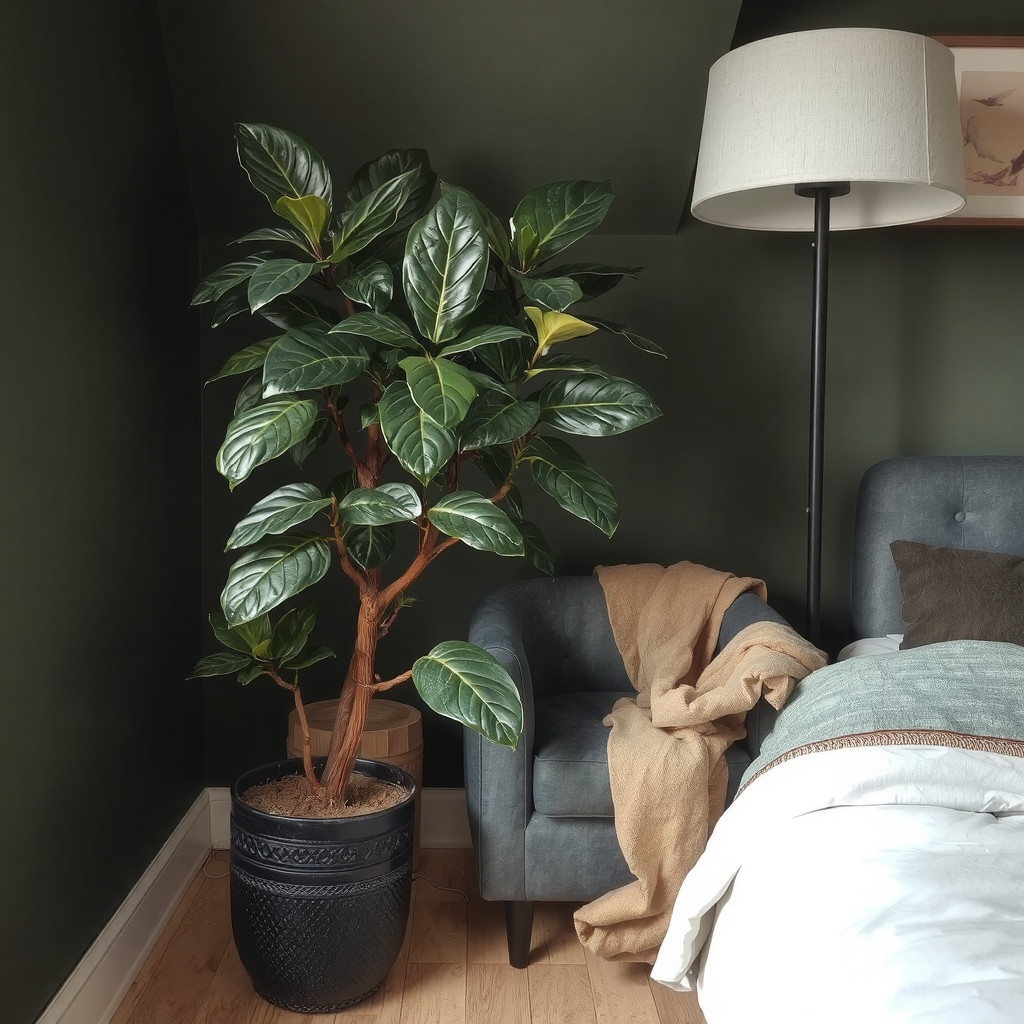 Potted plant in a dimly lit bedroom corner