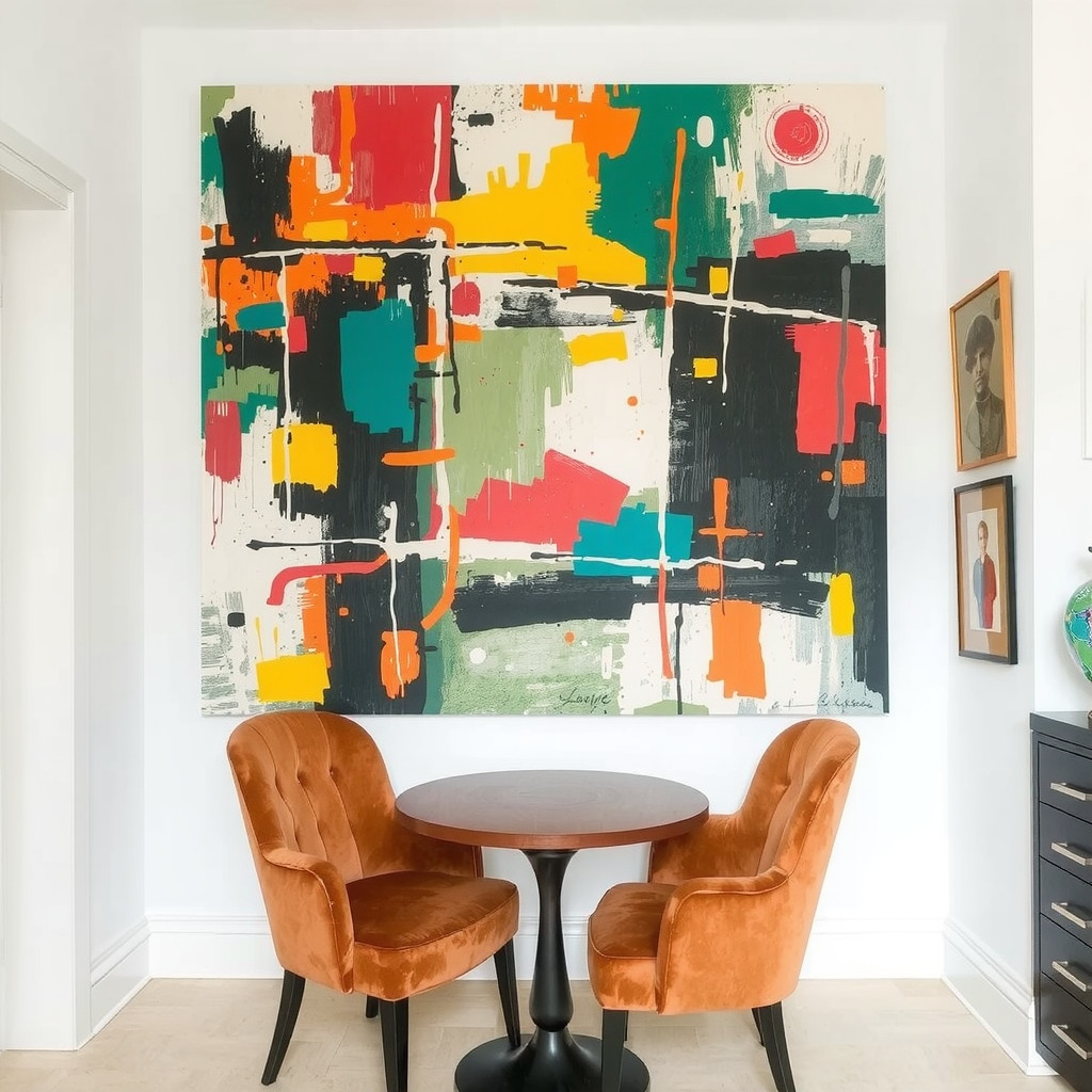 Large statement artwork in a compact dining area