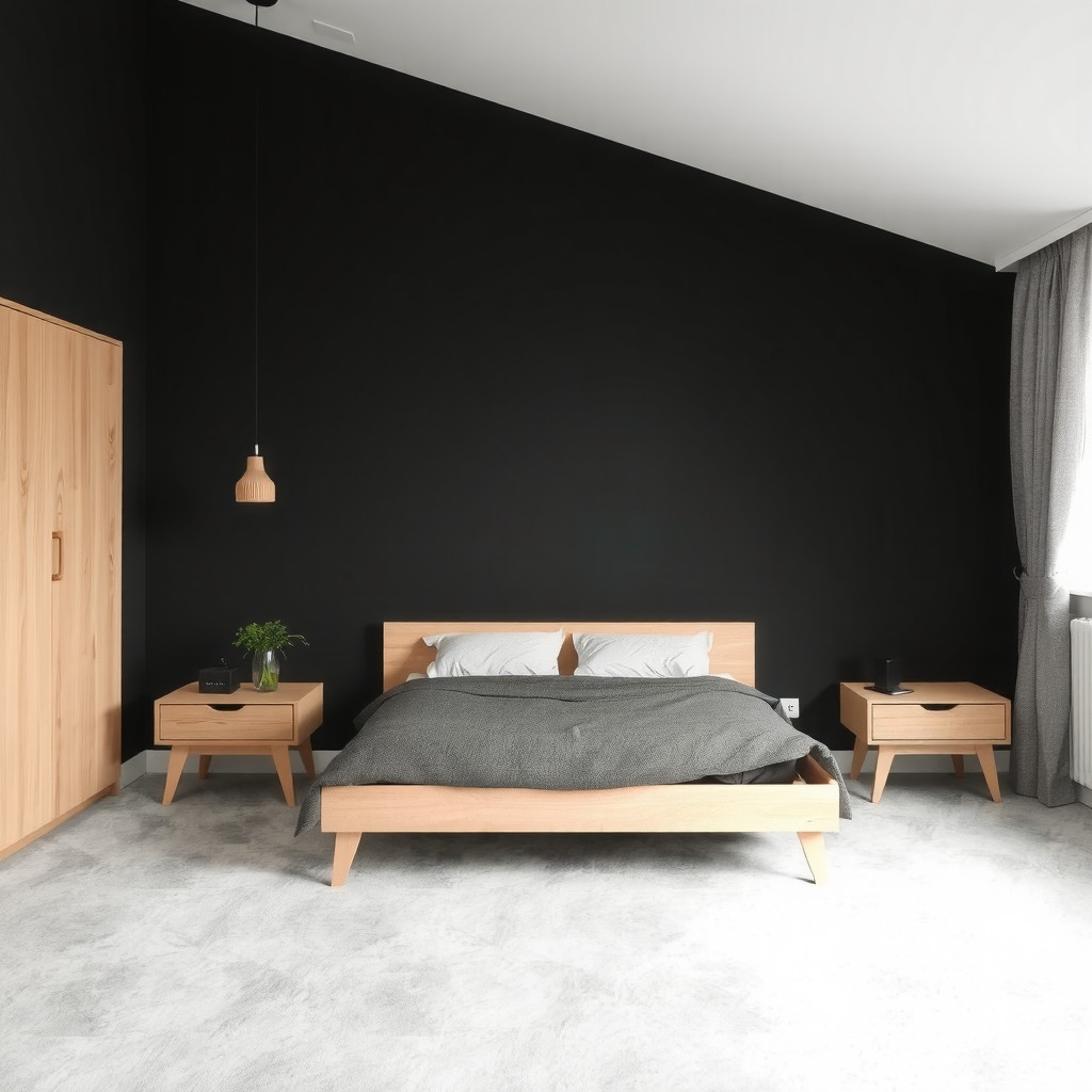 Centered bed in a dark minimalist bedroom with symmetric nightstands