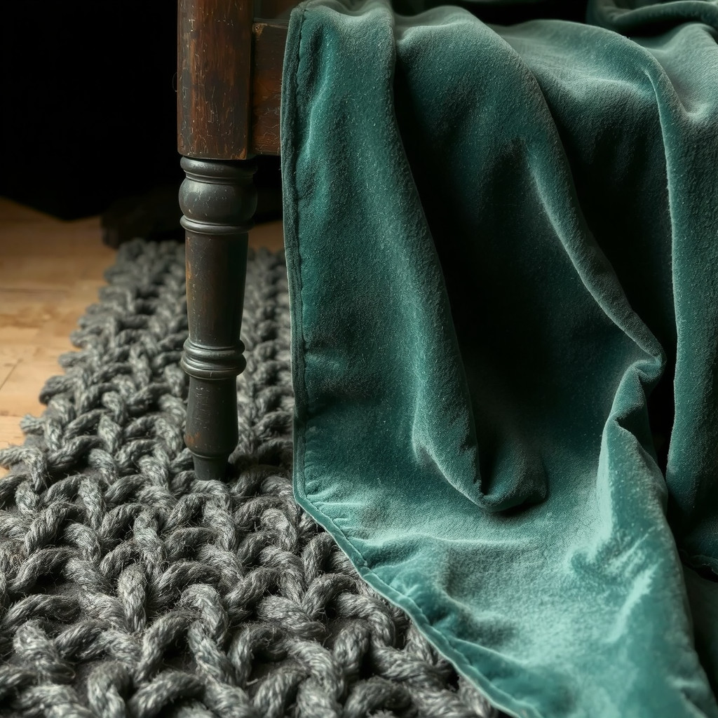 Close up of emerald green velvet textures and dark wood flooring