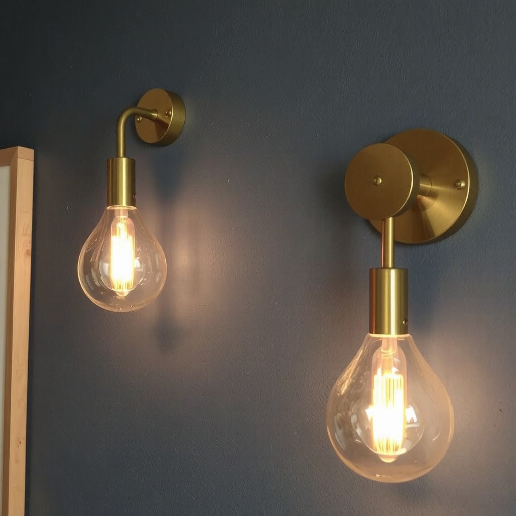 Brass wall sconces glowing warmly against a midnight blue wall