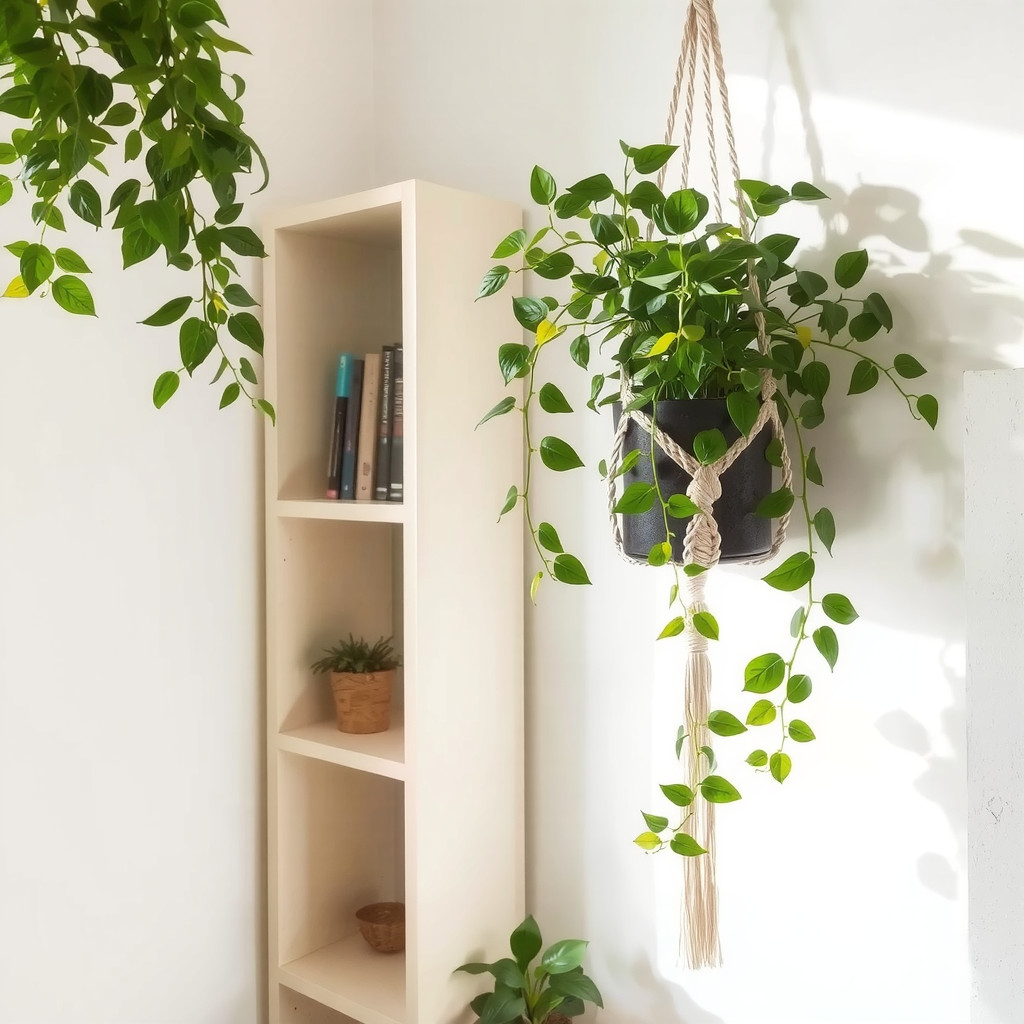 Hanging plants in a bright living room corner