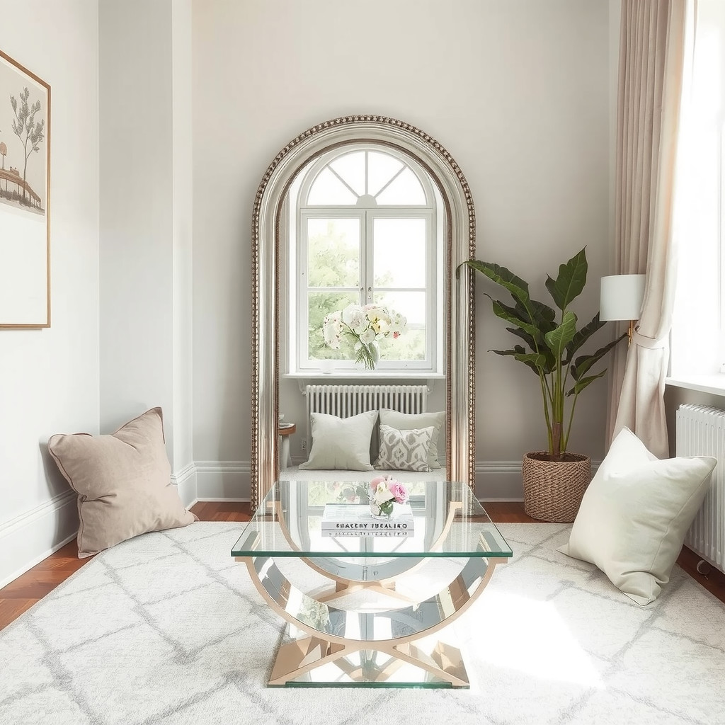 A chic small lounge area showcasing a transparent acrylic coffee table, a large arch-shaped floor mirror reflecting a window, soft velvet cushions in pastel tones, and airy atmosphere with natural daylight.