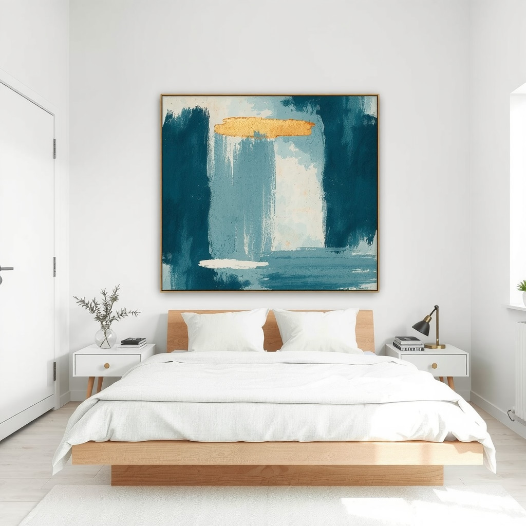A minimalist small bedroom centered around a large abstract canvas with bold blue and gold strokes above a low-profile platform bed, surrounded by white walls and uncluttered surfaces to create a calming focal point.