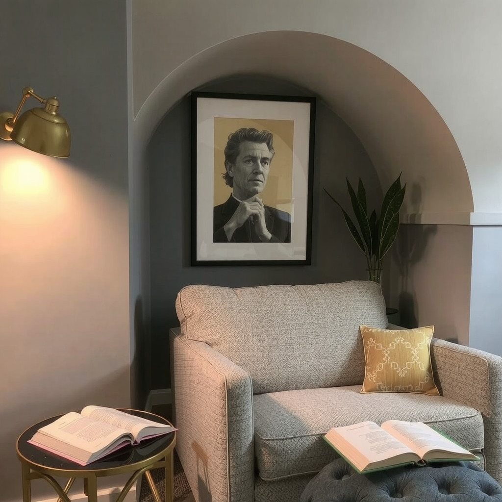 A cozy evening scene in a compact living space featuring brass swing-arm wall sconces flanking a gray armchair, casting warm ambient light without using floor space, with a side table holding a book.