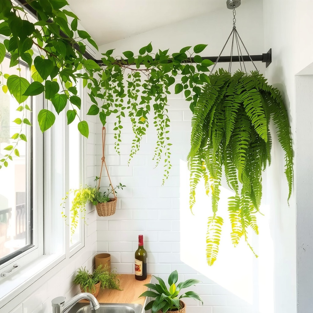 A sunlit small kitchen corner with trailing pothos and ferns hanging from a black metal ceiling rail, white subway tiles, wooden countertops, and a fresh, vibrant botanical atmosphere.