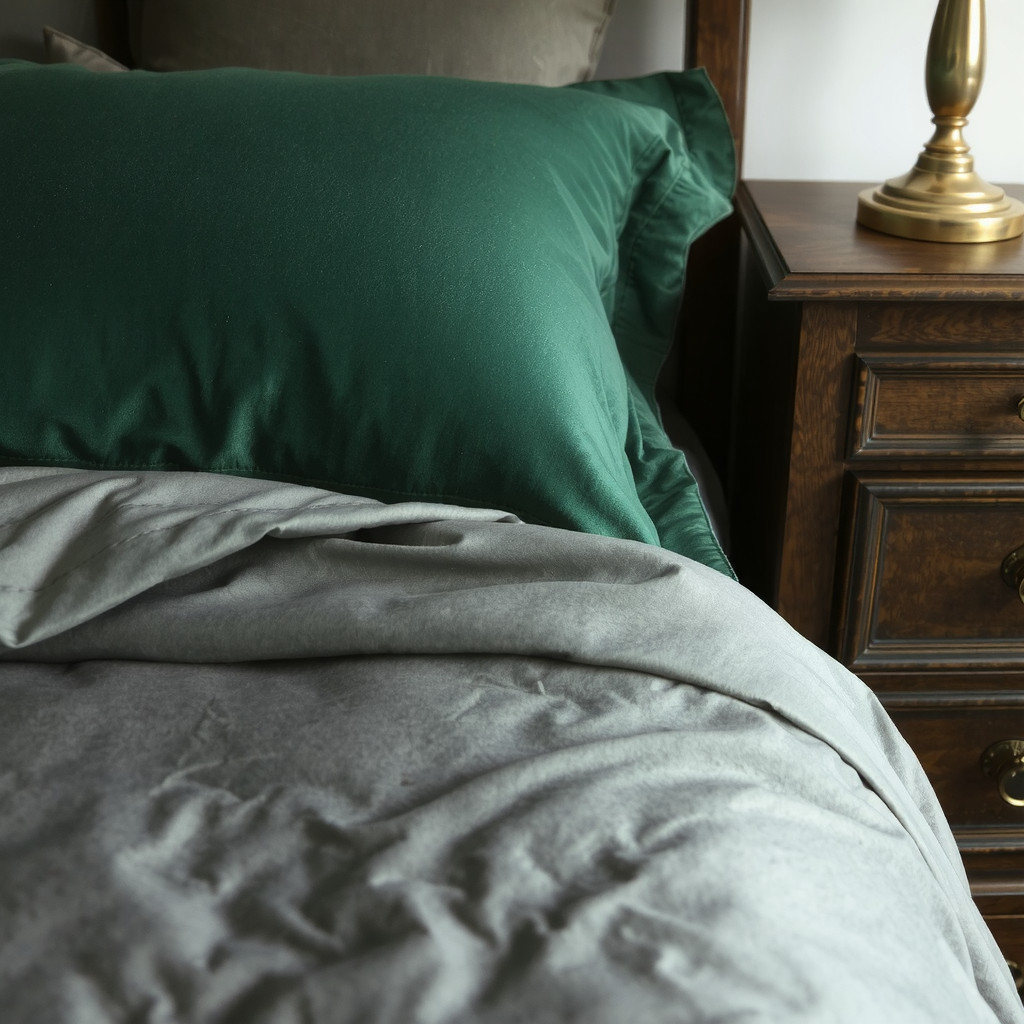 Close-up of rich textures including velvet bedding and a dark wood nightstand