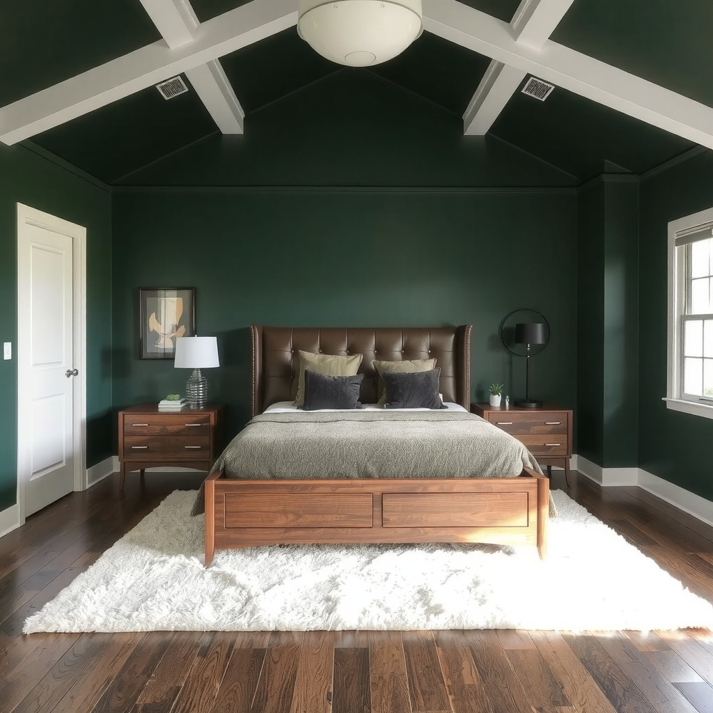 Symmetrical bedroom layout with dark walls and walnut furniture