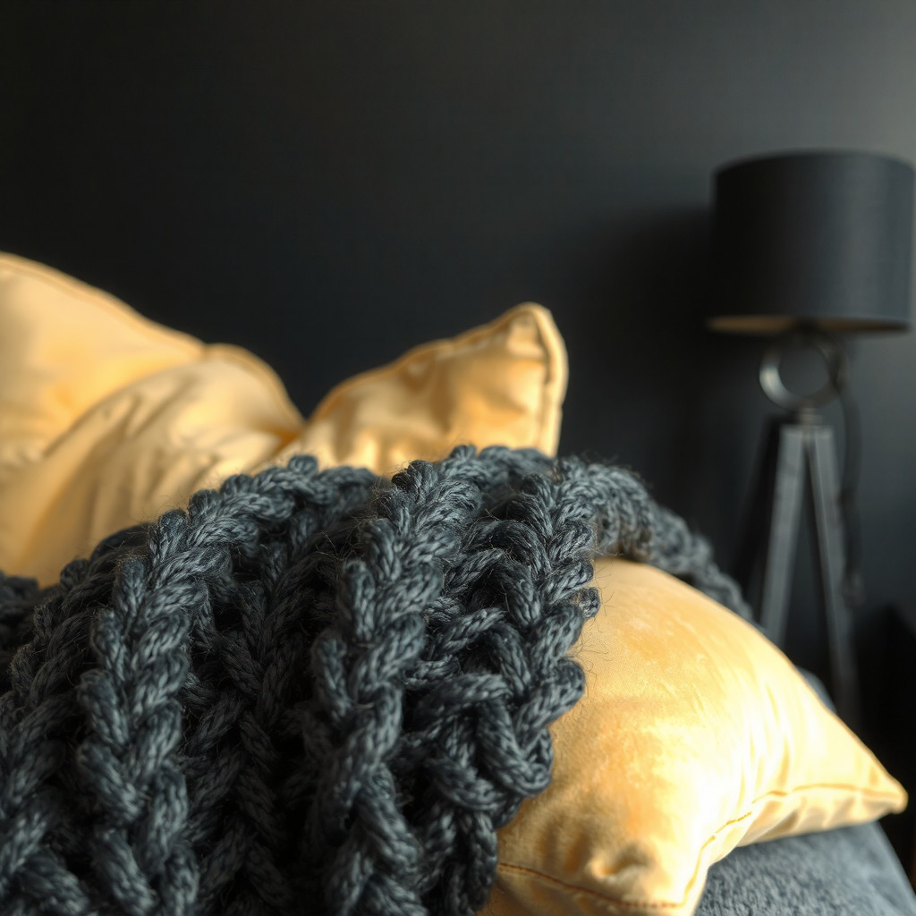 Close up of velvet cushions and wool throw on a bed