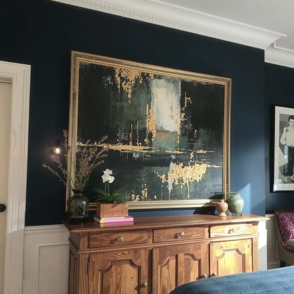 Statement gold framed art on a midnight blue wall