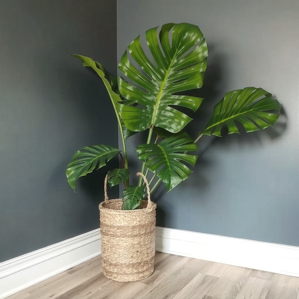Large snake plant in a basket against a dark green wall