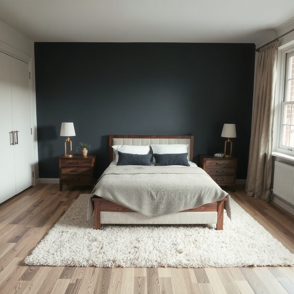 A bedroom layout featuring a centered low-profile bed with dark wood nightstands and uncluttered pathways