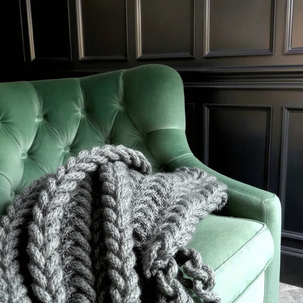 Close up of a velvet emerald green headboard against a matte black wall with layers of charcoal linen bedding