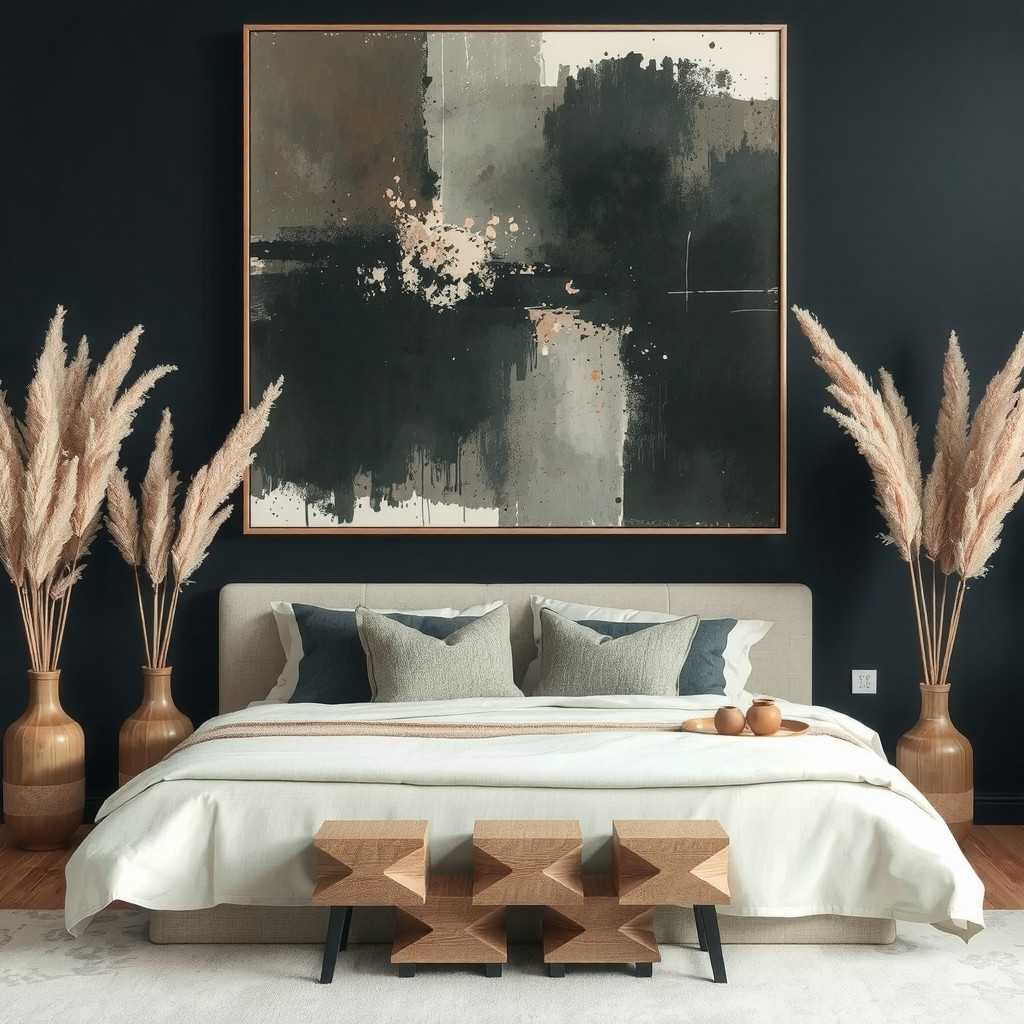 A statement wall with dark wainscoting and a large abstract painting in muted gold and black tones