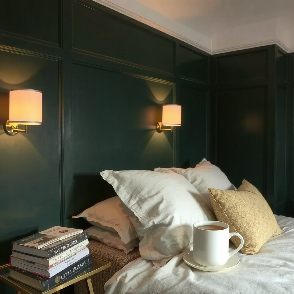 Warm brass wall sconces illuminating a dark forest green wall with a soft ambient glow
