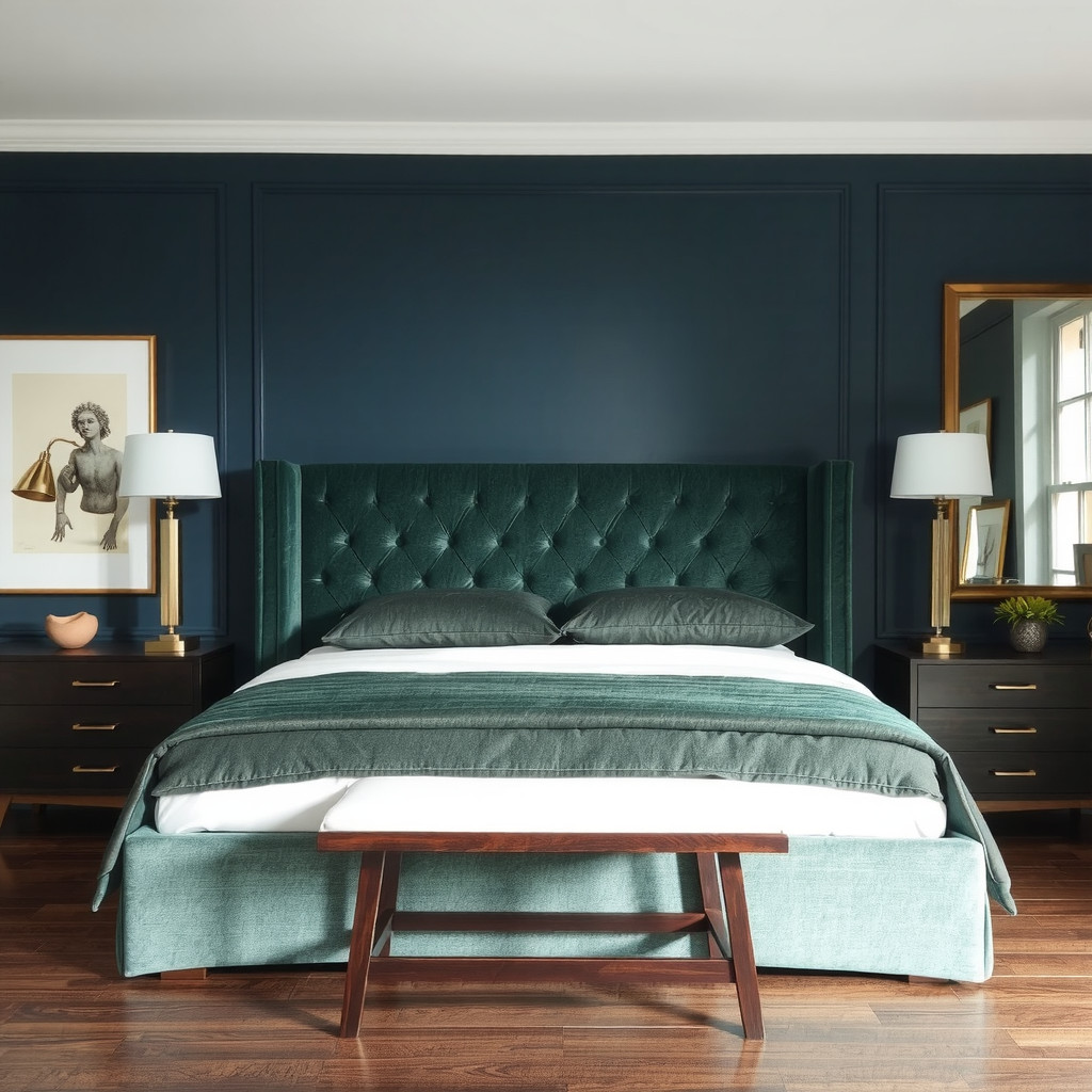 Symmetrical bedroom layout with dark furniture