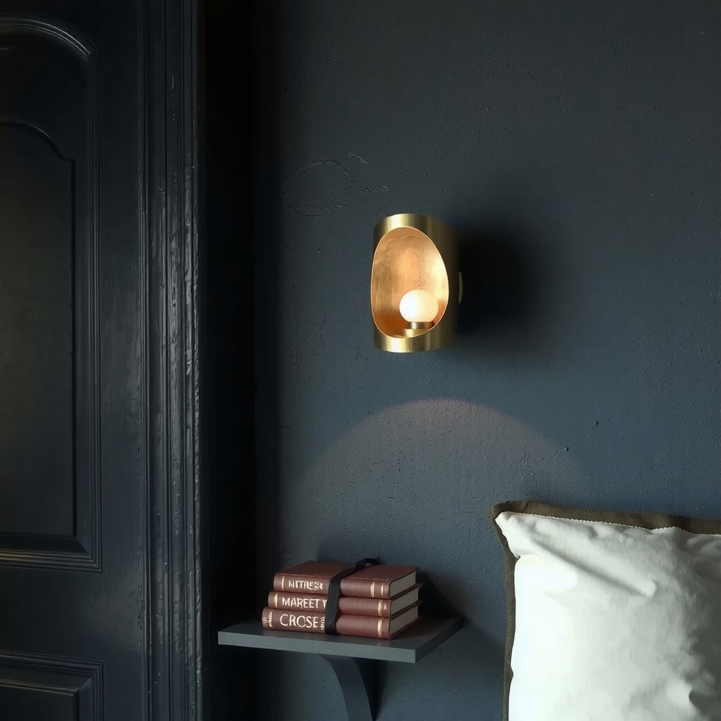 Warm brass sconce against blue wall