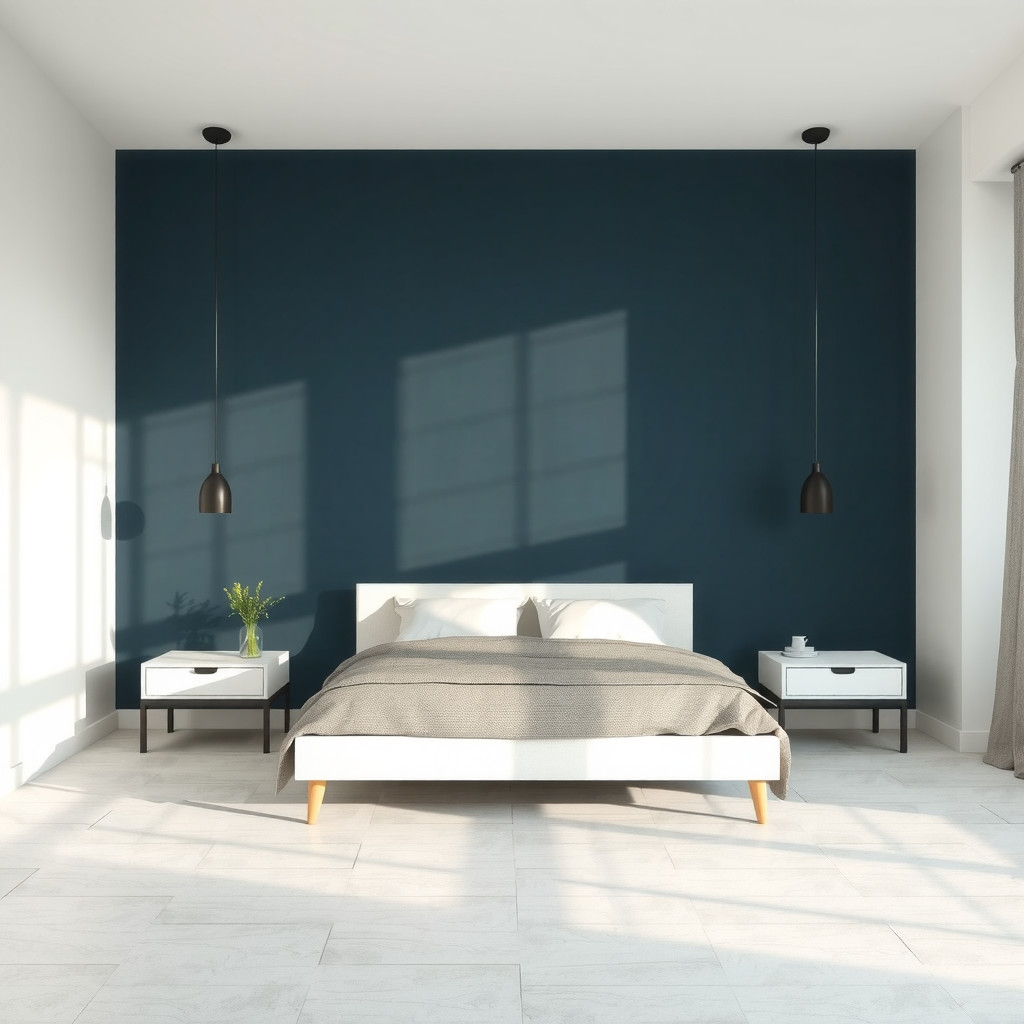 A perfectly symmetrical bedroom layout featuring a low-profile bed against a midnight blue wall, with uncluttered nightstands and a clear path to a window draped in heavy curtains.